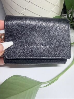 Longchamp Black Pebbled Leather Card holder with Snap Flap